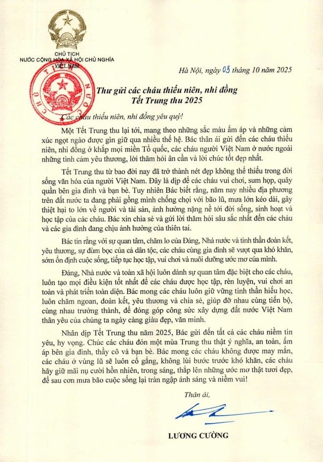 Thư chúc Tết Trung thu của Chủ tịch nước gửi các cháu thiếu niên, nhi đồng